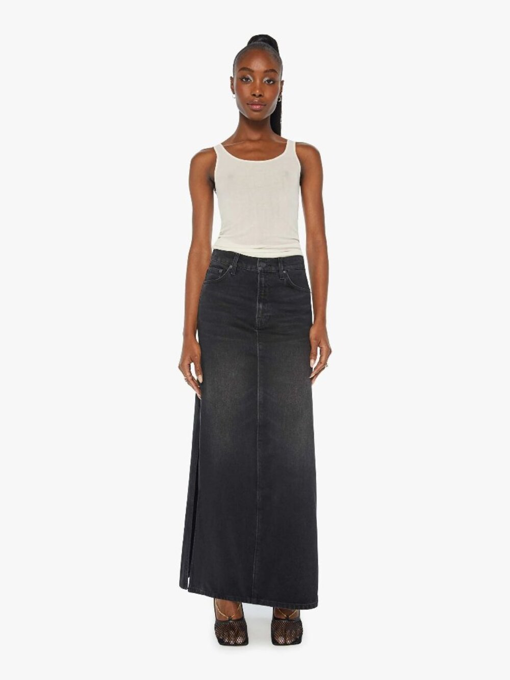 MOTHER SNACKS Fun Dip Slice Maxi Skirt Black Denim 26